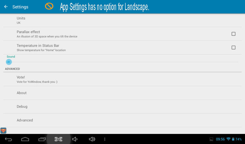 Screenshot of settings in app no landscape option