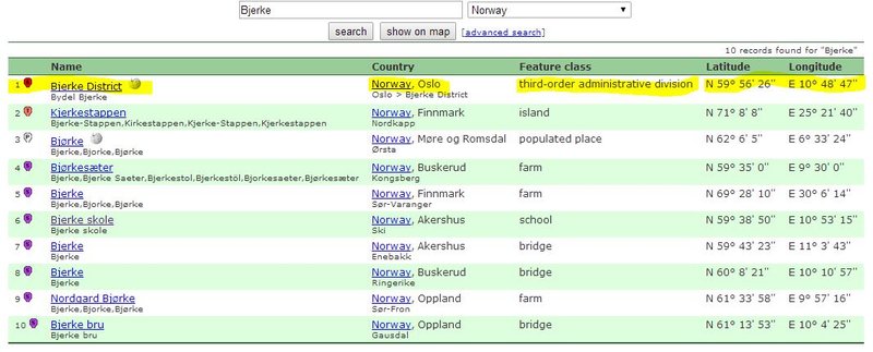 Bjerke Norway list from geonames.org
