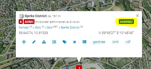 Bjerke Norway showing geonamesID - also showing that is Administrative Division